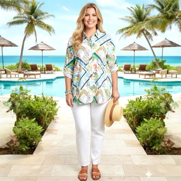 Talbots Plus Tops - Talbots Plus 3X Modern Classic Cotton Shirt Summer Vista Vacation Resortwear EUC